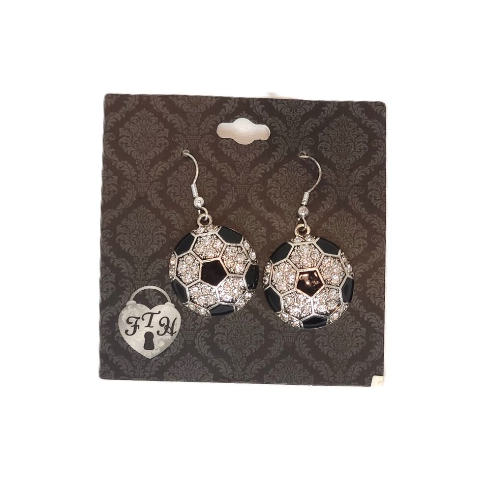 NWT FTH Soccer FIFA From The Heart Earrings Black Pendant Statement Futbol Club